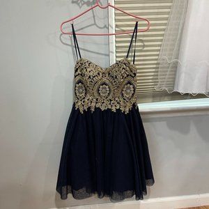 Navy Blue and Gold Strapless Dress